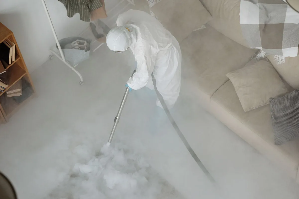 Biohazard cleanup technician in protective equipment, Jackpot, NV